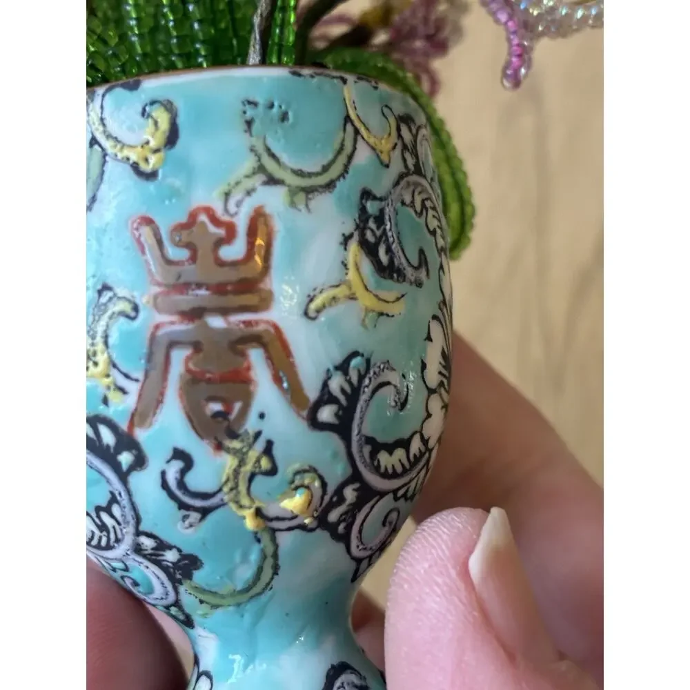 Vintage Handmade French Seed Beaded Flower Floral Bouquet Asian longevity Cup